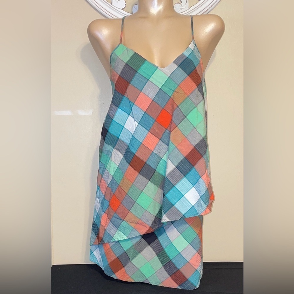 Patagonia women’s 8 medium dress mini blue White Plaid tie back dappled light
